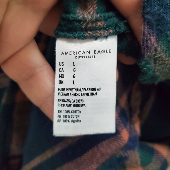 American Eagle Women's Green Orange Plaid Soft Flannel Cotton LS Button Up Top L - Picture 7 of 8